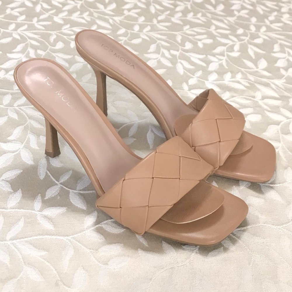 Top Moda Heels Womens size 10 Beige Open Toe Slip On Stiletto Casual Party Woven
